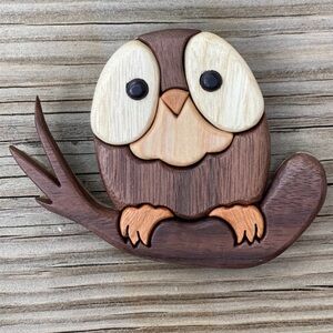 Intarsia Wooden Owl Wall Art Cedar Cherry Walnut Coshocton Handmade 4x6